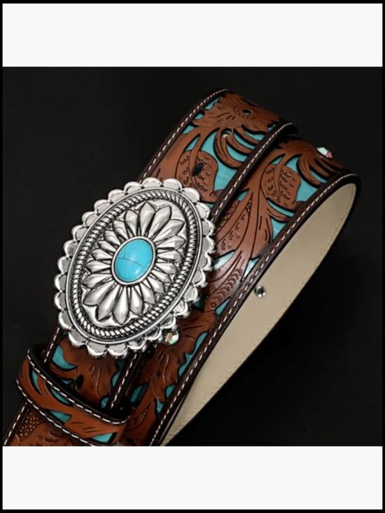 Vintage Western Leather Belt Turquoise Concho Buckle Boho Retro Cowgirl main image 5